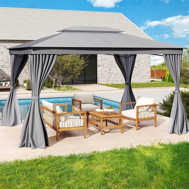 10 x 13 FT Patio Gazebo, Double-Roof Outdoor Canopy Tent with Mesh Netting & Privacy Curtains, Heavy-Duty Metal Frame Pavilion for Garden Yard