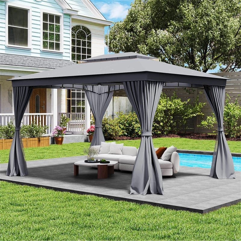 10 x 13 FT Patio Gazebo, Double-Roof Outdoor Canopy Tent with Mesh Netting & Privacy Curtains, Heavy-Duty Metal Frame Pavilion for Garden Yard