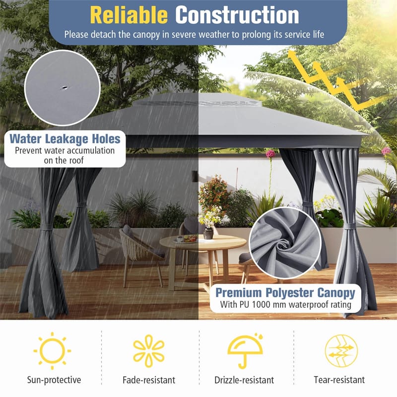 10 x 13 FT Patio Gazebo, Double-Roof Outdoor Canopy Tent with Mesh Netting & Privacy Curtains, Heavy-Duty Metal Frame Pavilion for Garden Yard