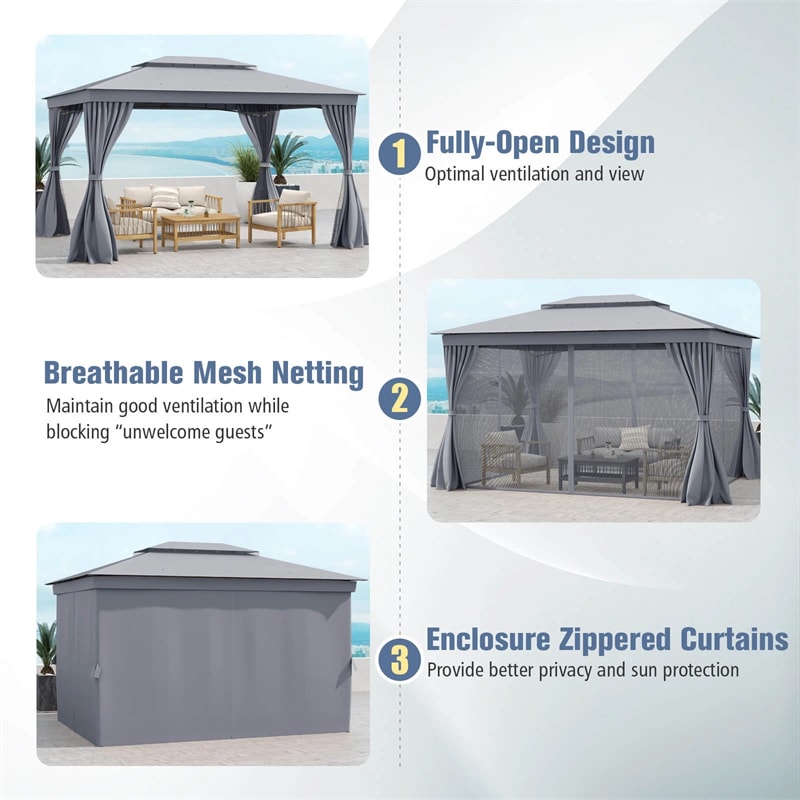 10 x 13 FT Patio Gazebo, Double-Roof Outdoor Canopy Tent with Mesh Netting & Privacy Curtains, Heavy-Duty Metal Frame Pavilion for Garden Yard