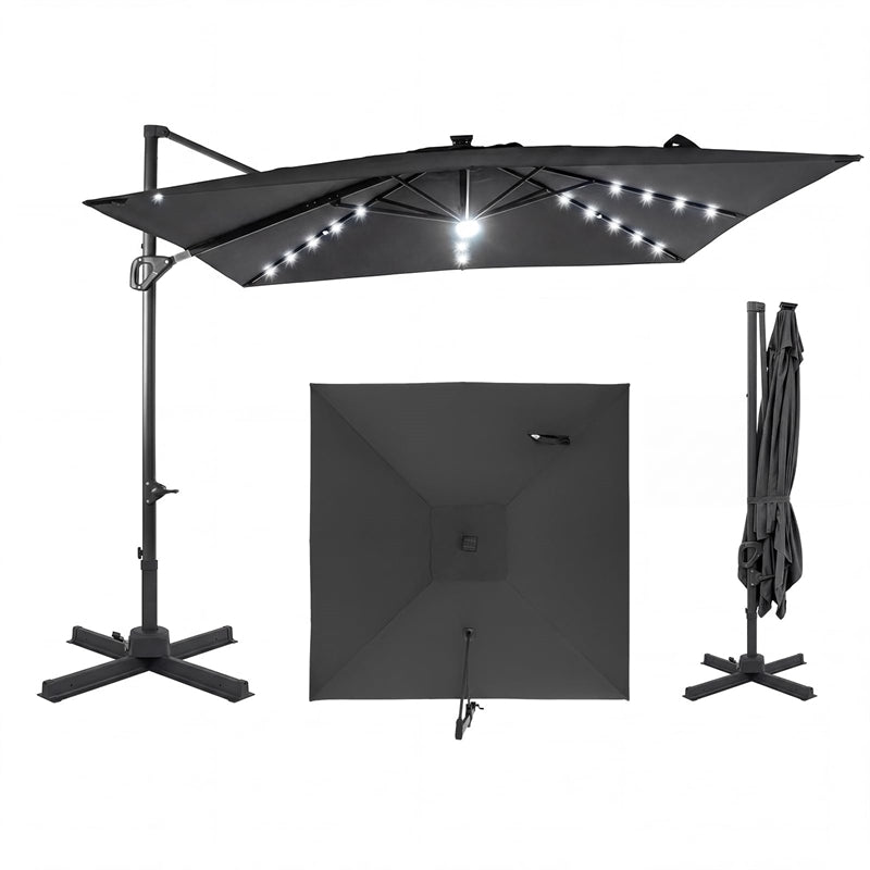 10 FT Cantilever Patio Umbrella with 32 Solar LED Lights, 360° Rotation & Easy Tilt, Square Outdoor Offset Hanging Umbrella with Cross Base