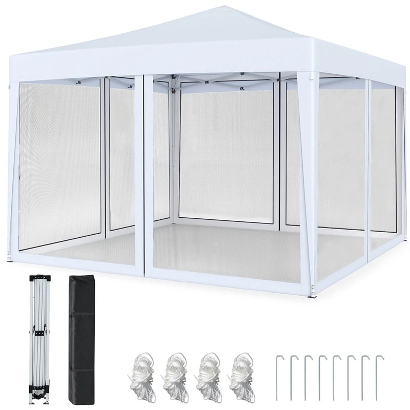 10x10FT Pop-Up Canopy Tent, Easy Setup Instant Folding Shelter w/ Mesh Netting, Carry Bag, Adjustable Height for Camping Outdoor Events