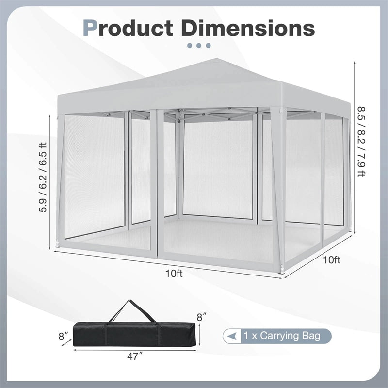 10x10FT Pop-Up Canopy Tent, Easy Setup Instant Folding Shelter w/ Mesh Netting, Carry Bag, Adjustable Height for Camping Outdoor Events