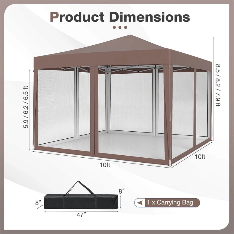 10x10FT Pop-Up Canopy Tent, Easy Setup Instant Folding Shelter w/ Mesh Netting, Carry Bag, Adjustable Height for Camping Outdoor Events