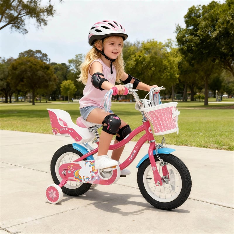12/14/16/18" Girls Bike with Basket, Doll Seat & Streamers, Removable Training Wheels, Adjustable Kids Bicycle for Ages 3-8 Children Gift
