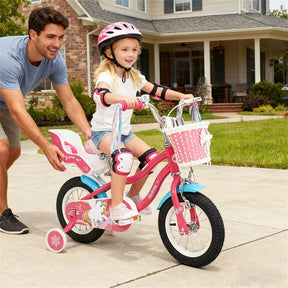 12/14/16/18" Girls Bike with Basket, Doll Seat & Streamers, Removable Training Wheels, Adjustable Kids Bicycle for Ages 3-8 Children Gift