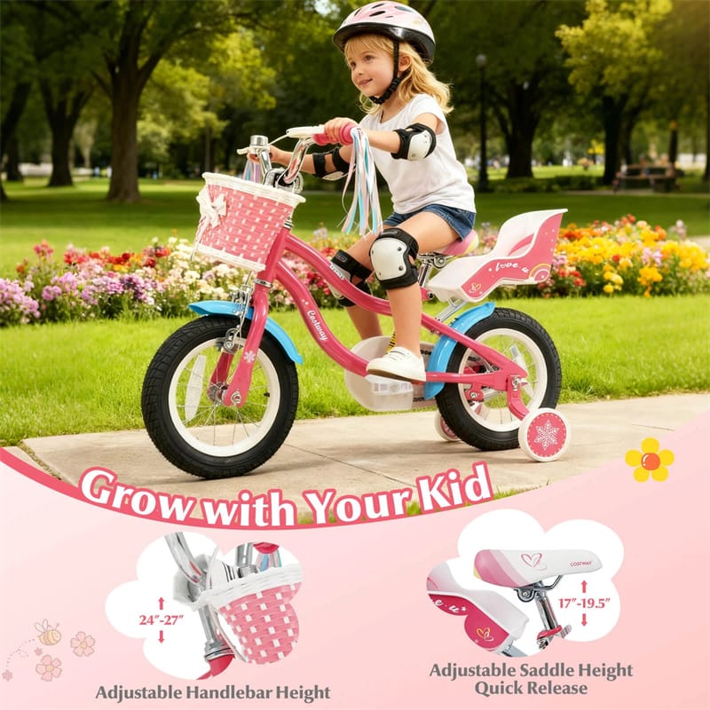 12/14/16/18" Girls Bike with Basket, Doll Seat & Streamers, Removable Training Wheels, Adjustable Kids Bicycle for Ages 3-8 Children Gift