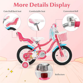 12/14/16/18" Girls Bike with Basket, Doll Seat & Streamers, Removable Training Wheels, Adjustable Kids Bicycle for Ages 3-8 Children Gift