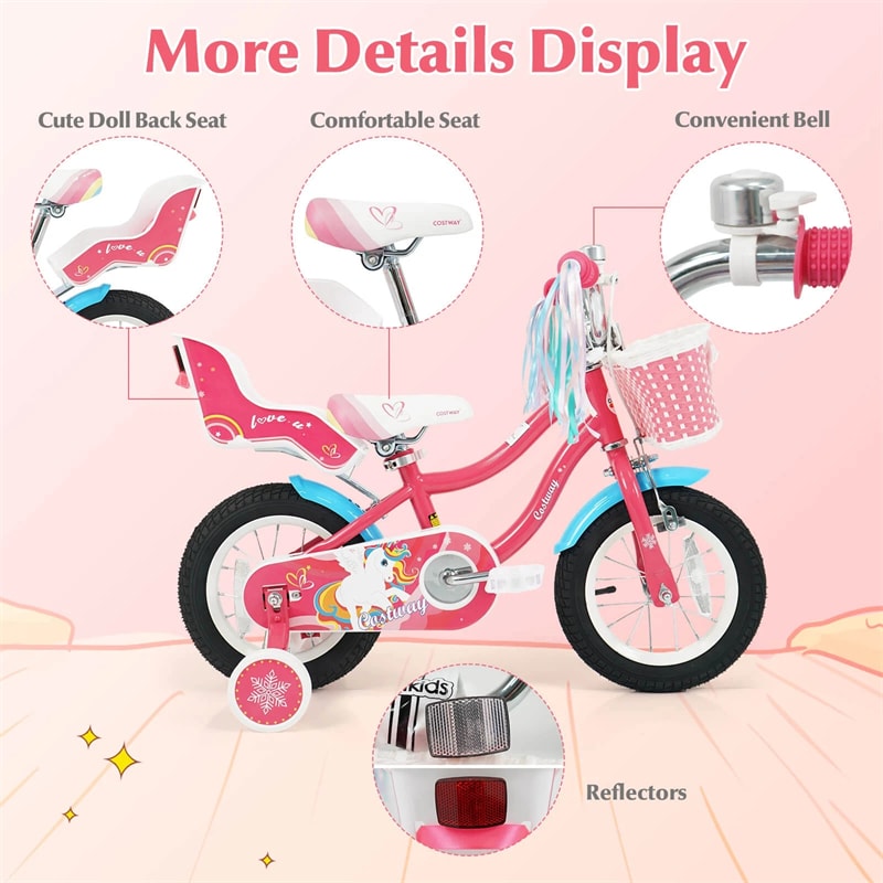12/14/16/18" Girls Bike with Basket, Doll Seat & Streamers, Removable Training Wheels, Adjustable Kids Bicycle for Ages 3-8 Children Gift