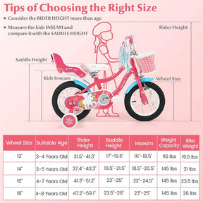 12/14/16/18" Girls Bike with Basket, Doll Seat & Streamers, Removable Training Wheels, Adjustable Kids Bicycle for Ages 3-8 Children Gift