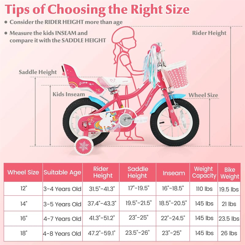 12/14/16/18" Girls Bike with Basket, Doll Seat & Streamers, Removable Training Wheels, Adjustable Kids Bicycle for Ages 3-8 Children Gift