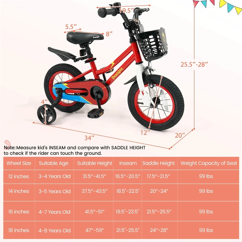 12-20 Inch Kids Bike with Removable Training Wheels, Basket & Bell for 3-8 Years Old Boys Girls, Adjustable Children Bicycle