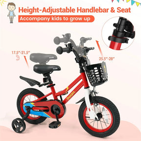 12-20 Inch Kids Bike with Removable Training Wheels, Basket & Bell for 3-8 Years Old Boys Girls, Adjustable Children Bicycle