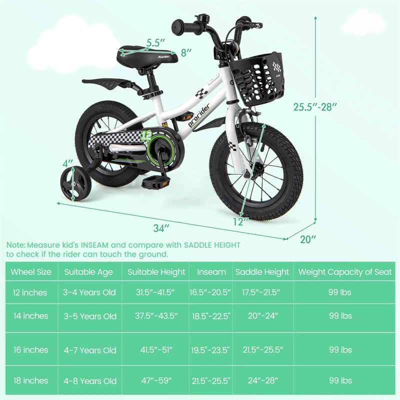 12-20 Inch Kids Bike with Removable Training Wheels, Basket & Bell for 3-8 Years Old Boys Girls, Adjustable Children Bicycle