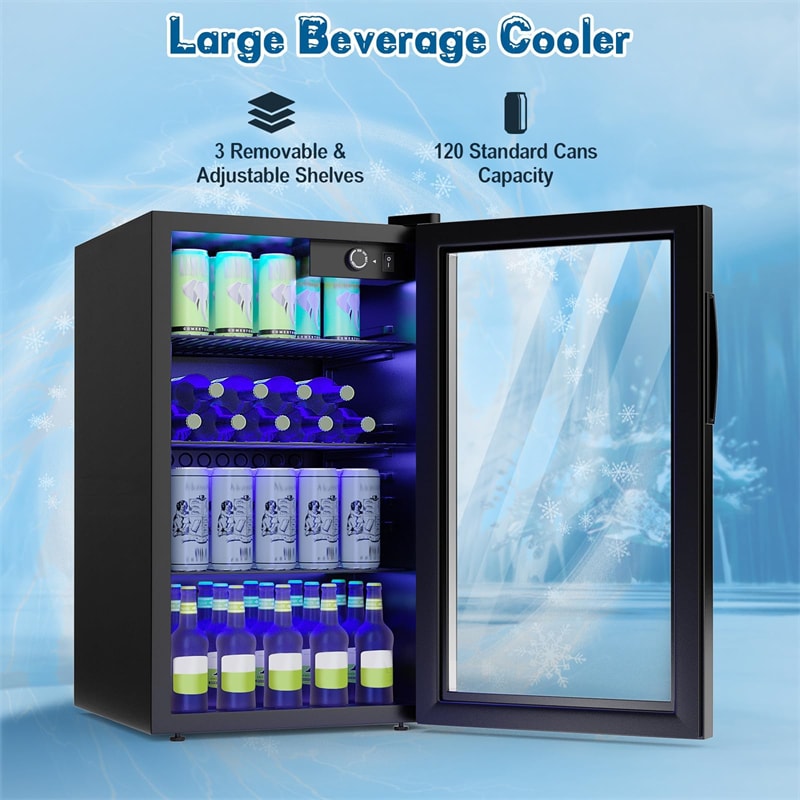 120 Can Beverage Refrigerator Cooler, 3.2 Cu.Ft Built-In & Freestanding Beer Wine Soda Drink Mini Fridge w/ Glass Door, LED Light, Adjustable Shelves