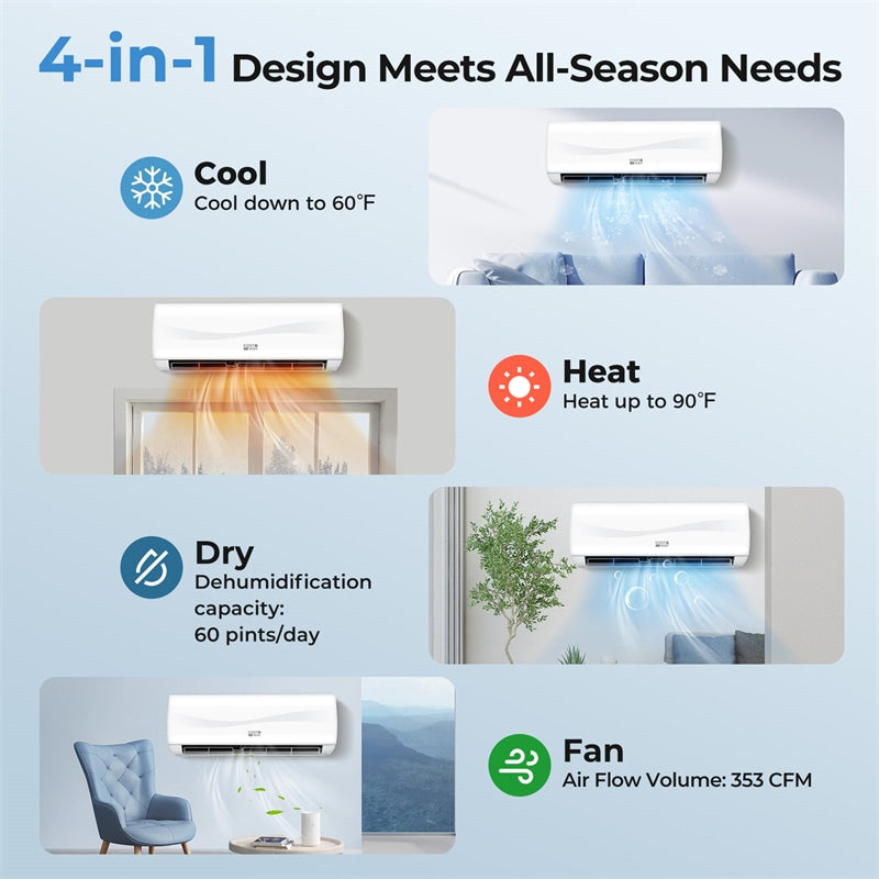 12000 BTU Mini Split Air Conditioner & Heater, Inverter Ductless AC Heat Pump System, Full Installation Kit, Cools up to 750 Sq Ft
