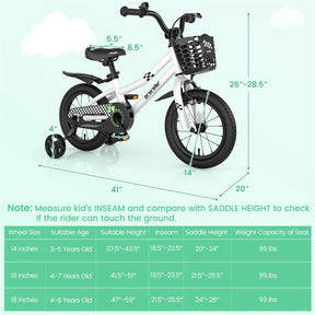 12-20 Inch Kids Bike with Removable Training Wheels, Basket & Bell for 3-8 Years Old Boys Girls, Adjustable Children Bicycle