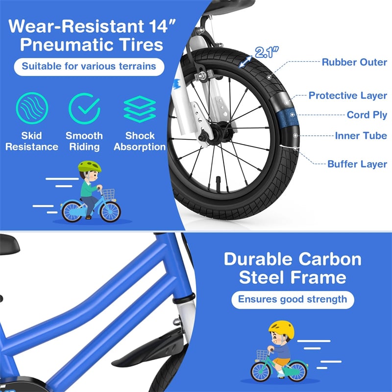 12-20 Inch Kids Bike with Removable Training Wheels, Basket & Bell for 3-8 Years Old Boys Girls, Adjustable Children Bicycle