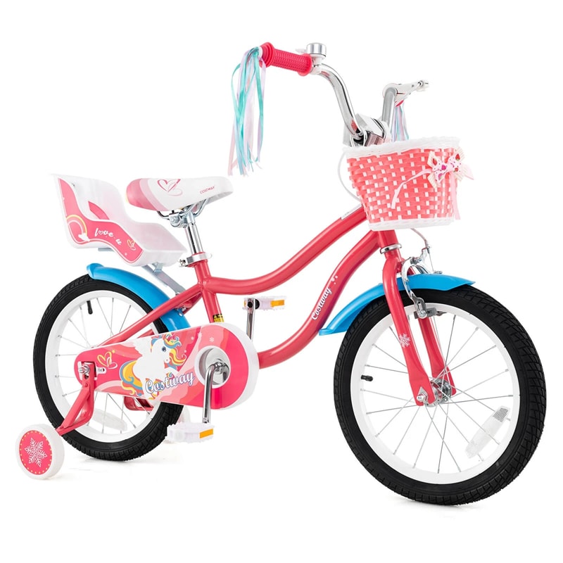 12/14/16/18" Girls Bike with Basket, Doll Seat & Streamers, Removable Training Wheels, Adjustable Kids Bicycle for Ages 3-8 Children Gift