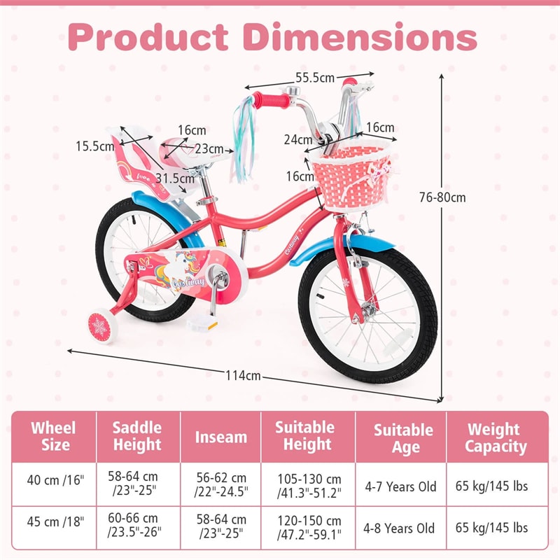 12/14/16/18" Girls Bike with Basket, Doll Seat & Streamers, Removable Training Wheels, Adjustable Kids Bicycle for Ages 3-8 Children Gift