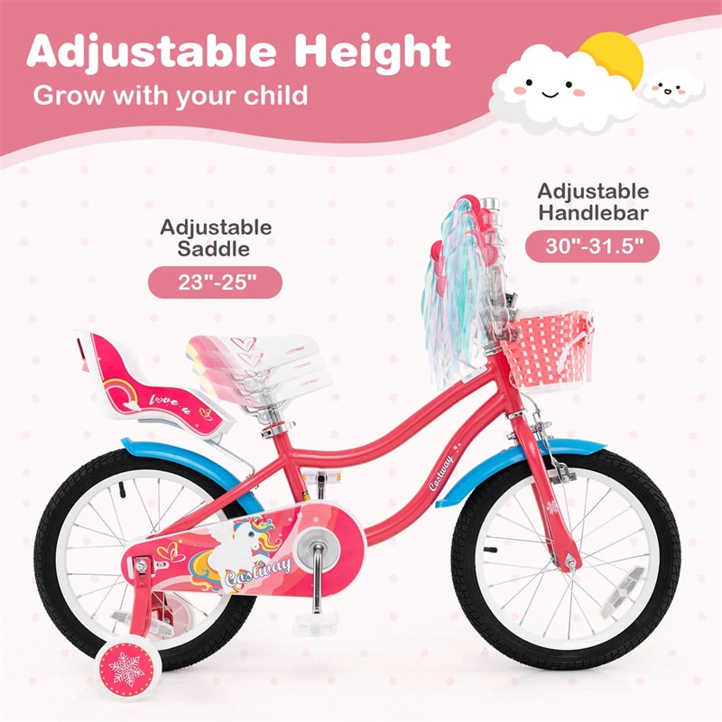 12/14/16/18" Girls Bike with Basket, Doll Seat & Streamers, Removable Training Wheels, Adjustable Kids Bicycle for Ages 3-8 Children Gift