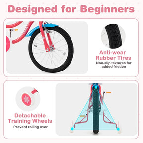 12/14/16/18" Girls Bike with Basket, Doll Seat & Streamers, Removable Training Wheels, Adjustable Kids Bicycle for Ages 3-8 Children Gift