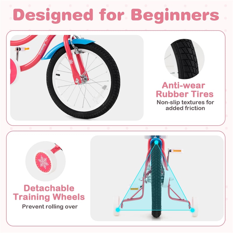 12/14/16/18" Girls Bike with Basket, Doll Seat & Streamers, Removable Training Wheels, Adjustable Kids Bicycle for Ages 3-8 Children Gift