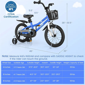 12-20 Inch Kids Bike with Removable Training Wheels, Basket & Bell for 3-8 Years Old Boys Girls, Adjustable Children Bicycle