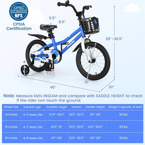 12-20 Inch Kids Bike with Removable Training Wheels, Basket & Bell for 3-8 Years Old Boys Girls, Adjustable Children Bicycle