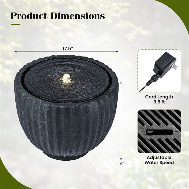 18" Round Outdoor Sphere Water Fountain with 6 LED Lights & Adjustable Pump, Stone Gray Resin Bubbling Fountain for Garden Patio Porch Decor