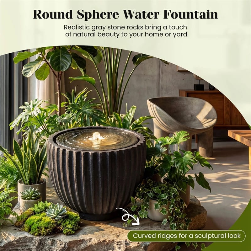 18" Round Outdoor Sphere Water Fountain with 6 LED Lights & Adjustable Pump, Stone Gray Resin Bubbling Fountain for Garden Patio Porch Decor