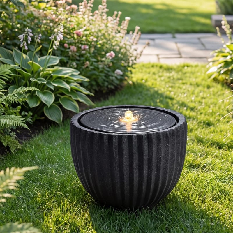 18" Round Outdoor Sphere Water Fountain with 6 LED Lights & Adjustable Pump, Stone Gray Resin Bubbling Fountain for Garden Patio Porch Decor