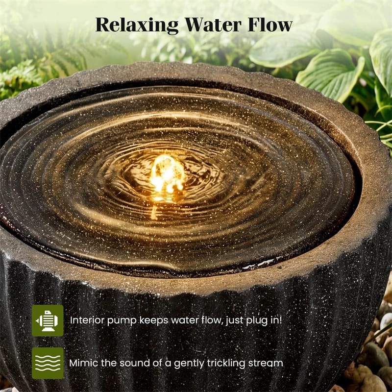 18" Round Outdoor Sphere Water Fountain with 6 LED Lights & Adjustable Pump, Stone Gray Resin Bubbling Fountain for Garden Patio Porch Decor