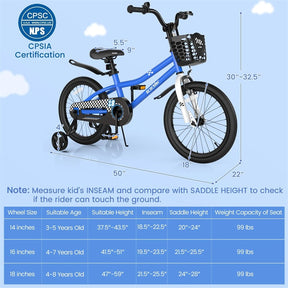 12-20 Inch Kids Bike with Removable Training Wheels, Basket & Bell for 3-8 Years Old Boys Girls, Adjustable Children Bicycle