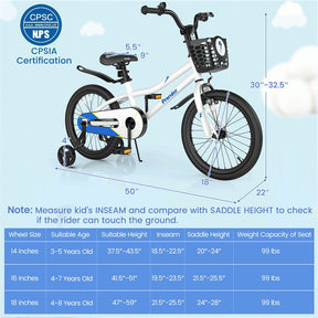 12-20 Inch Kids Bike with Removable Training Wheels, Basket & Bell for 3-8 Years Old Boys Girls, Adjustable Children Bicycle