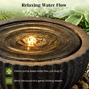 18" Round Outdoor Sphere Water Fountain with 6 LED Lights & Adjustable Pump, Stone Gray Resin Bubbling Fountain for Garden Patio Porch Decor