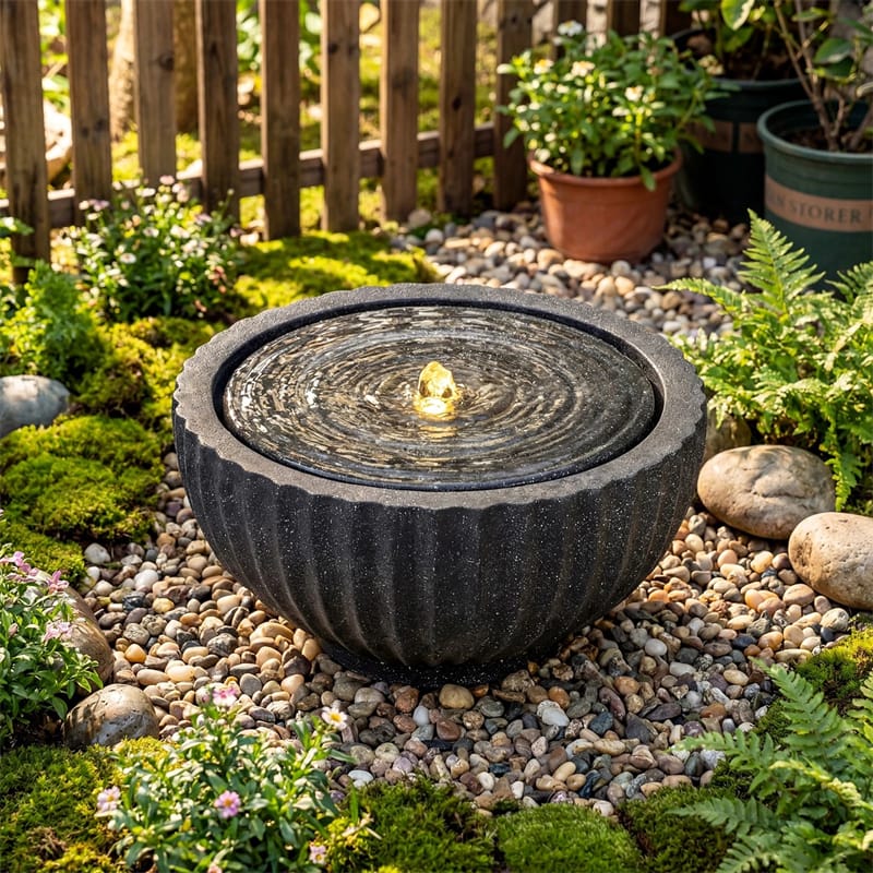 18" Round Outdoor Sphere Water Fountain with 6 LED Lights & Adjustable Pump, Stone Gray Resin Bubbling Fountain for Garden Patio Porch Decor
