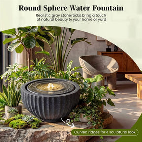 18" Round Outdoor Sphere Water Fountain with 6 LED Lights & Adjustable Pump, Stone Gray Resin Bubbling Fountain for Garden Patio Porch Decor