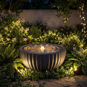 18" Round Outdoor Sphere Water Fountain with 6 LED Lights & Adjustable Pump, Stone Gray Resin Bubbling Fountain for Garden Patio Porch Decor