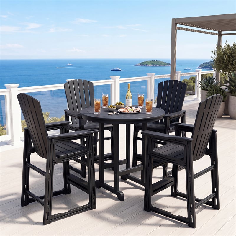 HDPE Tall Adirondack Chair, All-Weather Patio Bar Stool with Cup Holder Armrests, 29" Bar Height Lifeguard Chair for Balcony Pool