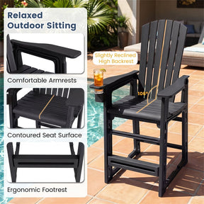 HDPE Tall Adirondack Chair, All-Weather Patio Bar Stool with Cup Holder Armrests, 29" Bar Height Lifeguard Chair for Balcony Pool