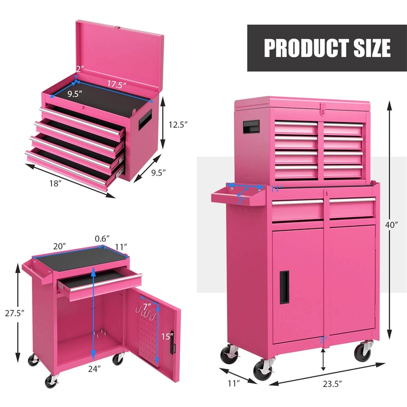 2-in-1 Rolling Tool Chest, 5-Drawer Tool Storage Cabinet with Wheels, Adjustable Shelf, Tool Box Organizer for Garage Warehouse Workshop