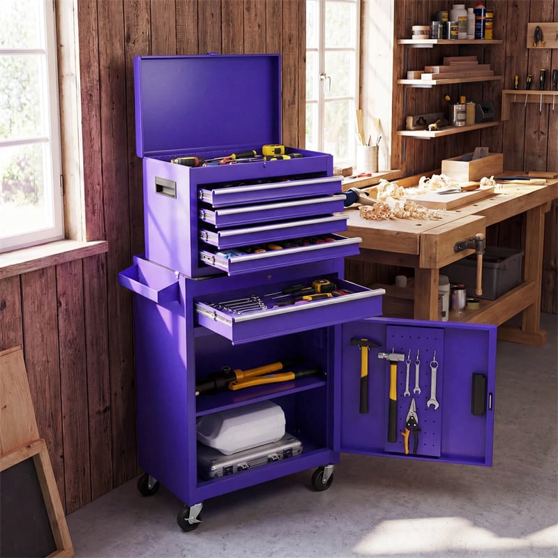 2-in-1 Rolling Tool Chest, 5-Drawer Tool Storage Cabinet with Wheels, Adjustable Shelf, Tool Box Organizer for Garage Warehouse Workshop