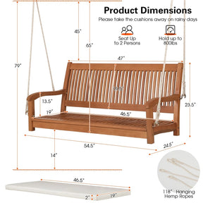 2-Person Outdoor Patio Hanging Wooden Porch Swing with Thick Cushion & Ropes, Heavy Duty 800LBS 2 Seat Wood Bench Swing for Backyard Deck Garden