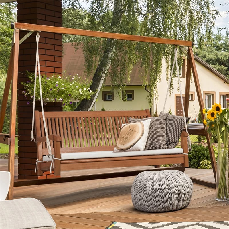 2-Person Outdoor Patio Hanging Wooden Porch Swing with Thick Cushion & Ropes, Heavy Duty 800LBS 2 Seat Wood Bench Swing for Backyard Deck Garden