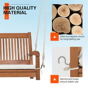 2-Person Outdoor Patio Hanging Wooden Porch Swing with Thick Cushion & Ropes, Heavy Duty 800LBS 2 Seat Wood Bench Swing for Backyard Deck Garden