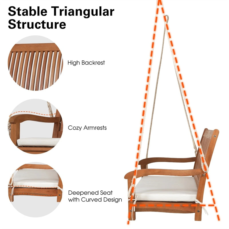 2-Person Outdoor Patio Hanging Wooden Porch Swing with Thick Cushion & Ropes, Heavy Duty 800LBS 2 Seat Wood Bench Swing for Backyard Deck Garden