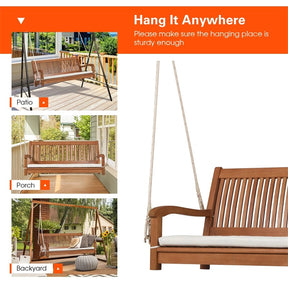 2-Person Outdoor Patio Hanging Wooden Porch Swing with Thick Cushion & Ropes, Heavy Duty 800LBS 2 Seat Wood Bench Swing for Backyard Deck Garden