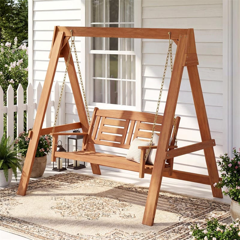 2-Seater Wood Porch Swing with Stand, Outdoor Swing Loveseat Chair w/ Adjustable Chains, Built-in Backrest & Armrests for Garden, Backyard, Poolside
