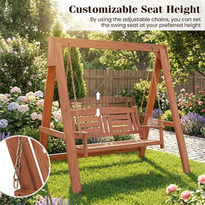 2-Seater Wood Porch Swing with Stand, Outdoor Swing Loveseat Chair w/ Adjustable Chains, Built-in Backrest & Armrests for Garden, Backyard, Poolside